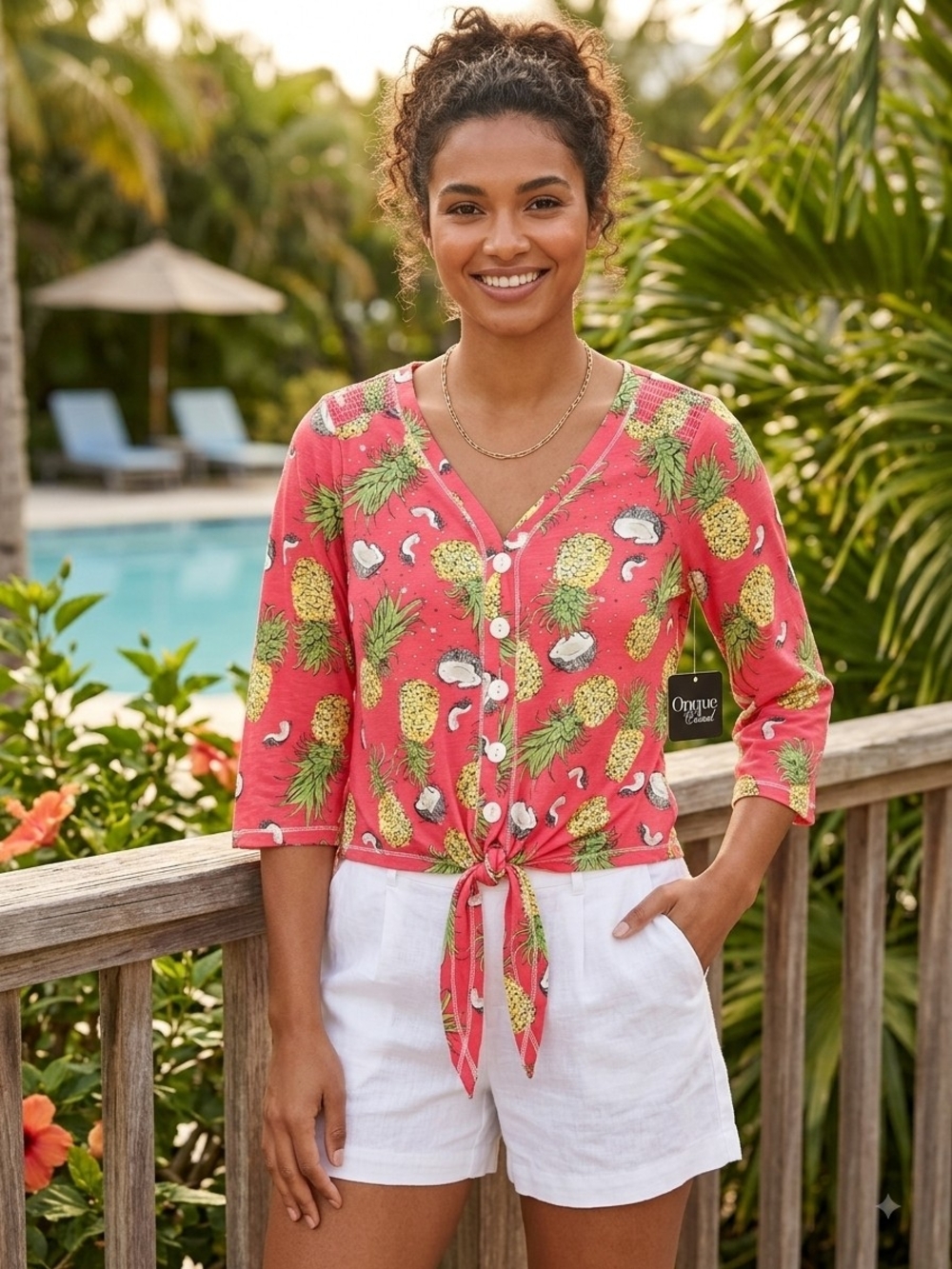 NWT Onque Casual Coral Pineapple & Coconut Tie Front Top Petite Medium PM